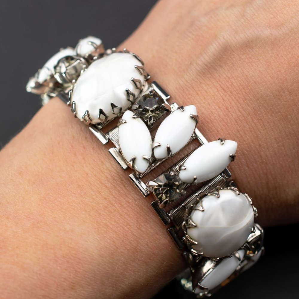 Vintage White Rhinestone Bracelet, Wide Mesh with Large Fancy Crystals Bracelet